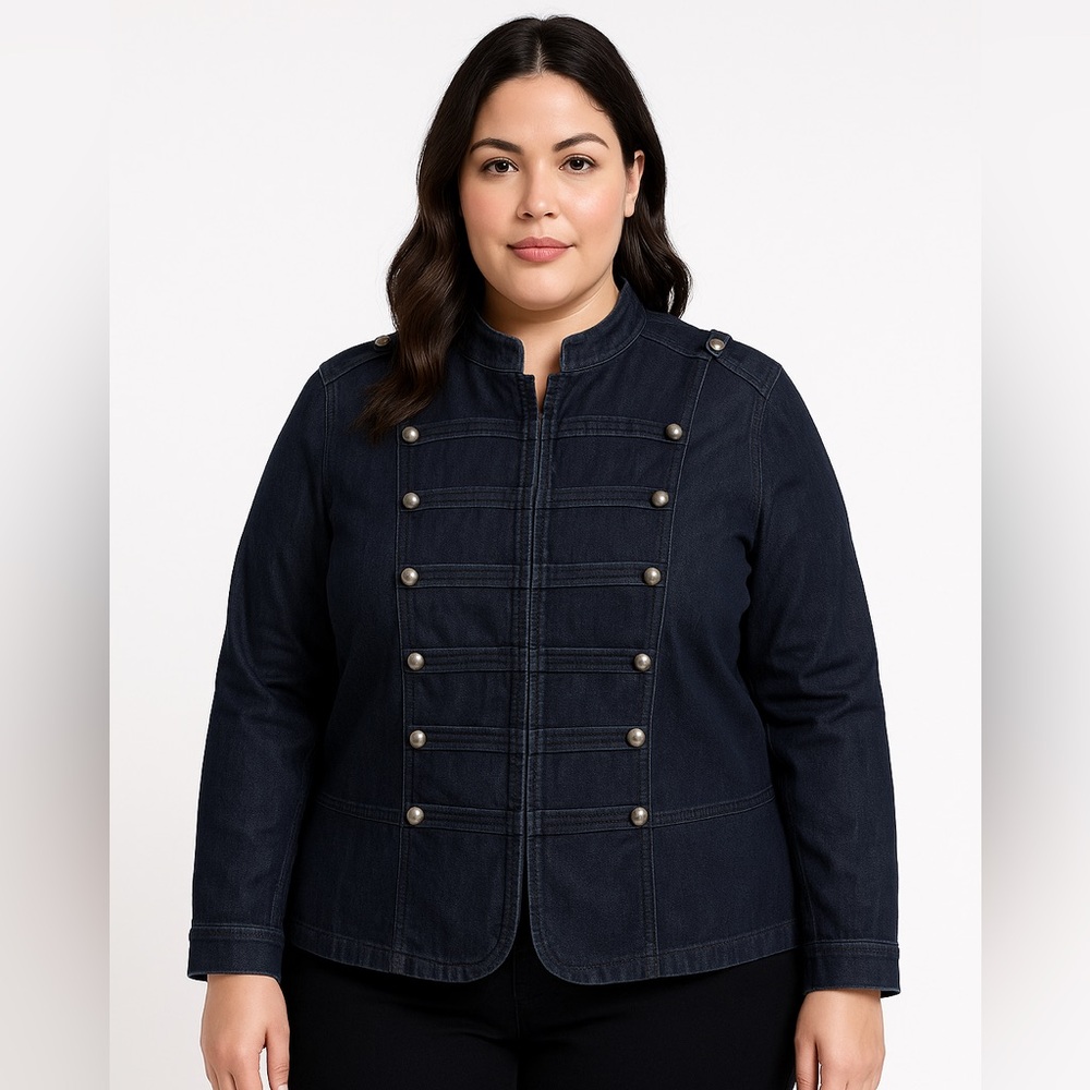 Baccini Women’s Denim Jacket Size 2X Military Coastal Style Dark Blue Statement
